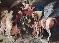 Persée touche le bras d'Andromède. Il tient dans la main gauche un bouclier portant le masque de Gorgone et a derrière lui Pégase. La scène est entourée d'amours. Tout en bas, la gueule du monstre agonisant.