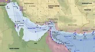 Présence portugaise dans le golfe Persique aux XVIe et XVIIe&nbsp;siècles, principales villes, ports et routes.