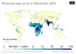 Carte des personnes ayant accès à l'énergie. Le manque d'accès est plus prononcé en Inde, en Afrique subsaharienne et en Asie du Sud-Est.