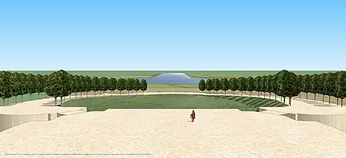 Restitution de la vue depuis le premier étage du château d'Heilly du côté de l'entrée et du canal, XVIIIe siècle.