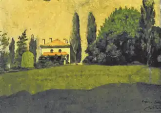 Peinture d’un jardin arboré avec, en arrière plan, une grande demeure.