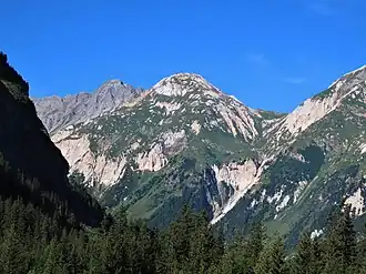 Le Petit mont Blanc avec le roc de la Pêche à gauche et le col des Saulces à droite depuis le bois de la Glière au nord-est.