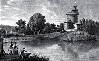 La plus grande des fabriques, la Tour Gabrielle, dominait la majeure partie du Petit Parc. La trajectoire du bac est bien visible.