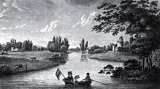 Aperçu général du petit parc depuis le château: à gauche, le hameau ; au centre, l'étang ; à droite, la Tour Gabrielle.