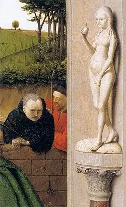 Ève à droite, sur un piédestal, la pomme à la main.