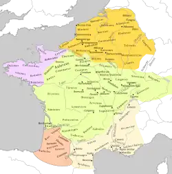 Carte en couleurs localisant des lieux antiques en Gaule.