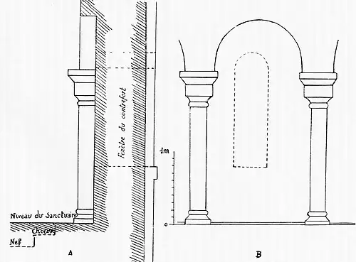 Position des fenêtres préromanes placées dans les contreforts plats, par rapport aux arcatures intérieures romanes : A- En coupe, B- En élévation intérieure