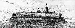 Dessin du rocher qui est proche avec le phare, comporte les étais, et des petits bâtiments, nombreux oiseaux autour et à l'horizon un bateau à droite et un autre à gauche