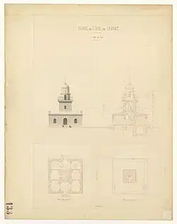 Dessin à l'encre noire, crayon et lavis rose et gris sur papier d'un bâtiment.