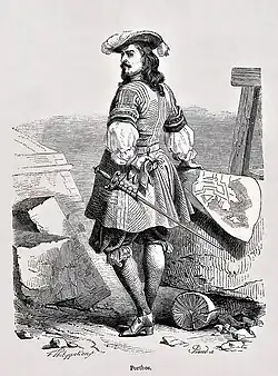Porthos devant les plans de fortification de la citadelle de Belle-Île-en-Mer. Gravure de Piaud d'après une composition de Philippoteaux pour une édition illustrée du Vicomte de Bragelonne, 1852.