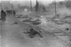 Photo noir et blanc d'une rue envahie par la fumée, dans laquelle on peut voir des cadavres carbonisés et des passants au visage couvert par des sortes de capuches.
