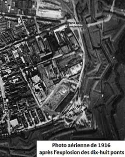 Photo aérienne de Moulins-Lille en 1916 après l'explosion des dix-huit ponts