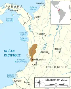 Carte représentant la distribution géographique de Phyllobates aurotaenia en Colombie