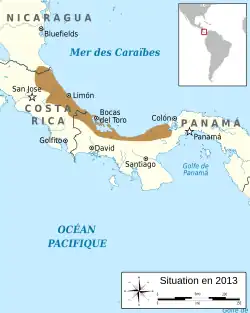 Carte représentant la distribution géographique de Phyllobates lugubris au Nicaragua, au Panama et au Costa Rica