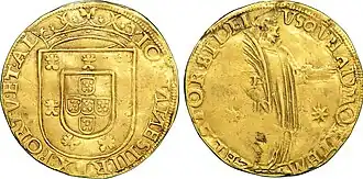 Pièce d'or à l'effigie de Saint-Vincent frappée sous le règne de Jean III (avant 1557) équivalant à 1 200 réaux portugais.