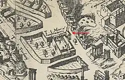 Plan de ville ancien montrant une église jouxtant des bâtiments et un jardin.