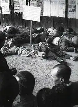 Les corps des fusillés exposés sur la place Loreto