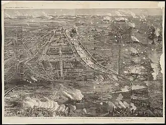 Carte illustrée de la ville de Paris et ses environs, montrant les principaux bâtiments, monuments, parcs, etc., les fortifications françaises, et les positions prussiennes.