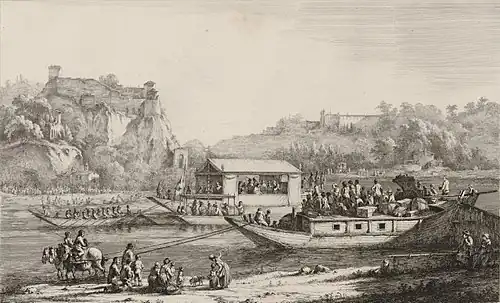 Gravure montrant une flottille de barques remontant la Saône. La plus grande est bâchée d'un dais.