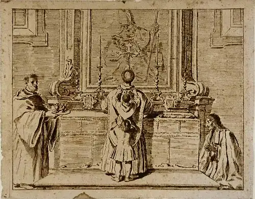 Prêtre et acolytes célébrant la messe, Pier Leone Ghezzi, XVIIIe siècle.