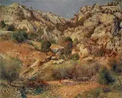 Peinture représentant des rochers et un bout de ciel