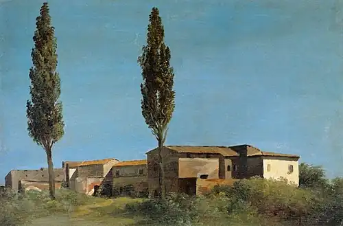 Une ferme près de la Villa Farnèse, Pierre-Henri de Valenciennes, 1800. Étude, huile, papier, H. 25&nbsp;cm. Louvre.