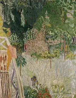 Tableau représentant un pommier fleuri aperçu d'un balcon en surplomb d'une figure humaine dans un jardin.