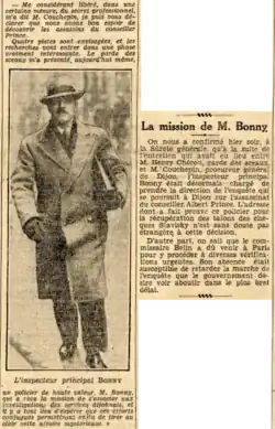Coupure de presse sur deux colonnes. À gauche, les déclarations du procureur Couchepin vantant les mérites de Bonny, de part et d'autres d'une photographie de celui-ci s'avançant d'un pas décidé, la serviette sous le bras. À droite, un entrefilet confirmant l'information