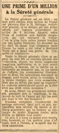Entrefilet : Un chèque d'un million de francs […] prime offerte par l'agence propriétaire du collier de 6 millions […] les héros de l'affaire, les commissaires Charpentier et Boni, les inspecteurs Haranger et Ragazé […]