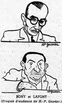 dessin au trait. Bonny, vêtu strictement, porte des lunettes à grosses montures et a l'air accablé. Lafont, mal rasé, le col ouvert, semble avoir le regard vide