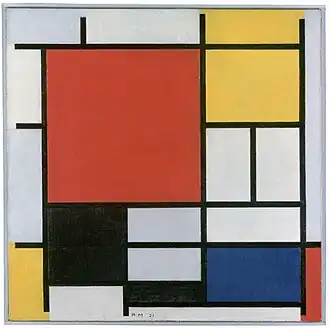 Composition en rouge, jaune, bleu et noir, 1921, huile sur toile, 59,5&nbsp;×&nbsp;59,5&nbsp;cm, Gemeentemuseum.