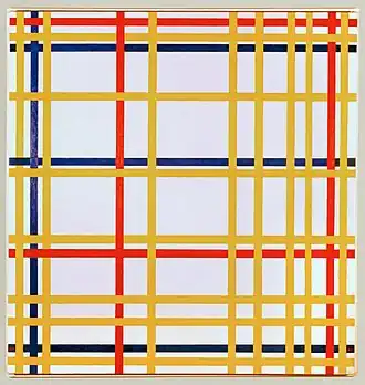 Mondrian, New York City. 1942, huile sur toile, 119,3&nbsp;×&nbsp;114,2&nbsp;cm, musée national d'Art moderne.