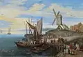 Scène portuaire avec moulin à vent et commerçants
