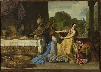 Pieter Lastman, Haman implore la pitié d'Esther, v.&nbsp;1618, huile sur panneau, musée national de Varsovie.