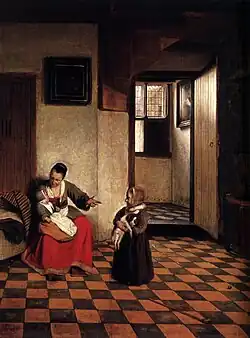 Pieter de Hooch, Femme avec un bébé sur les genoux, et un petit enfant, 1658, 60&nbsp;×&nbsp;47&nbsp;cm, collection particulière