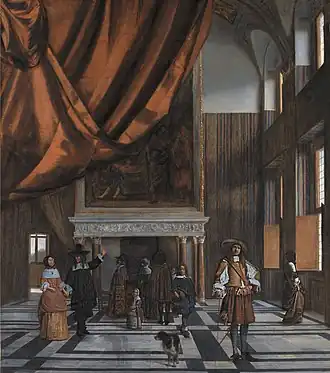 La Chambre du conseil à l'hôtel de ville d'Amsterdam, de Pieter de Hooch, montre un repentir au premier plan : le chien a été déplacé vers la droite.