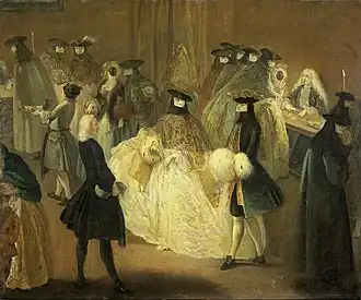 Le Casino de Pietro Longhi : deux femmes portent un moretta