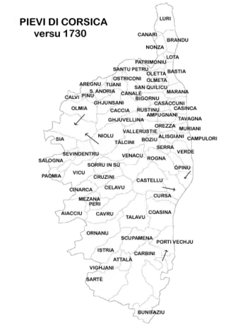 Représentation cartographique des pievi en Corse