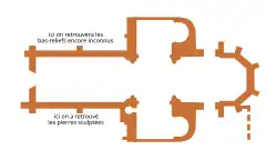 Plan d'un édifice religieux avec mentions écrites de l'emplacement de vestiges trouvés lors de sa destruction.
