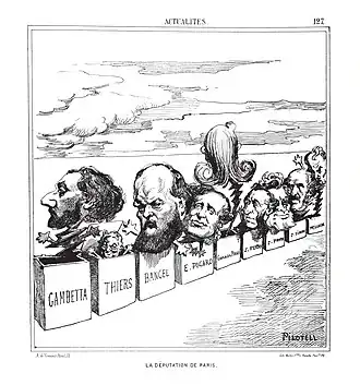 Dessin d'un train, chaque wagon portant le nom d'un député dont la tête est caricaturée.