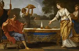 Pithopolis faisant servir des mets en or au roi Pithès, Nicolas Loir, anciennement Cléopâtre qui, dans un festin...., musée de Brou.