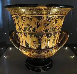 Cratère en calice avec gigantomachie, Triptolème, Déméter et Dionysos, v. 460. Musée archéologique national de Ferrare