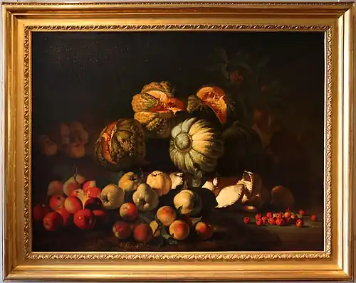Nature morte aux fruits et aux champignons (XVIIe&nbsp;siècle), « Peintre de Carlo Torre » huile sur toile, 92&nbsp;×&nbsp;126&nbsp;cm, musée Fesch, Ajaccio.