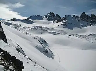 Vue depuis la brèche (domaine skiable) au-dessus du glacier en direction du Pizol.