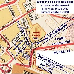 Place des Buisses sur fond de plan de 1930