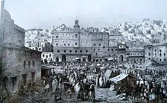 Gravure ancienne d'une place et d'un palais.