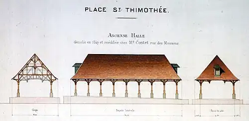 la halle qui fut démontée en 1849, dessin de Leblan.