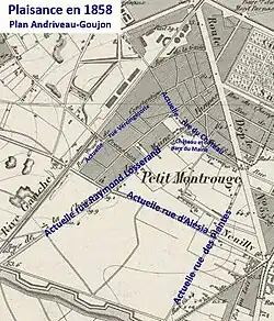 En 1858, urbanisation au nord de la rue d’Alésia, à l’est de la rue de Vanves et au nord du château du Maine