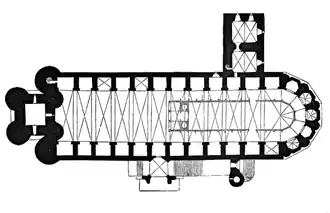 plan en noir et blanc montrant l'absence de bas-côté typique de l'architecture gothique méridionale. Les contreforts délimitent des chapelles tout autour de l'abside et de la nef.
