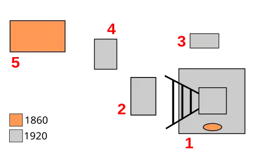 Plan schématisant les vestiges du puits comportant le chevalement, un support de ventilateur, le local du treuil, le bâtiment de transformation et contrôle du courant et un bâtiment des années 1860.